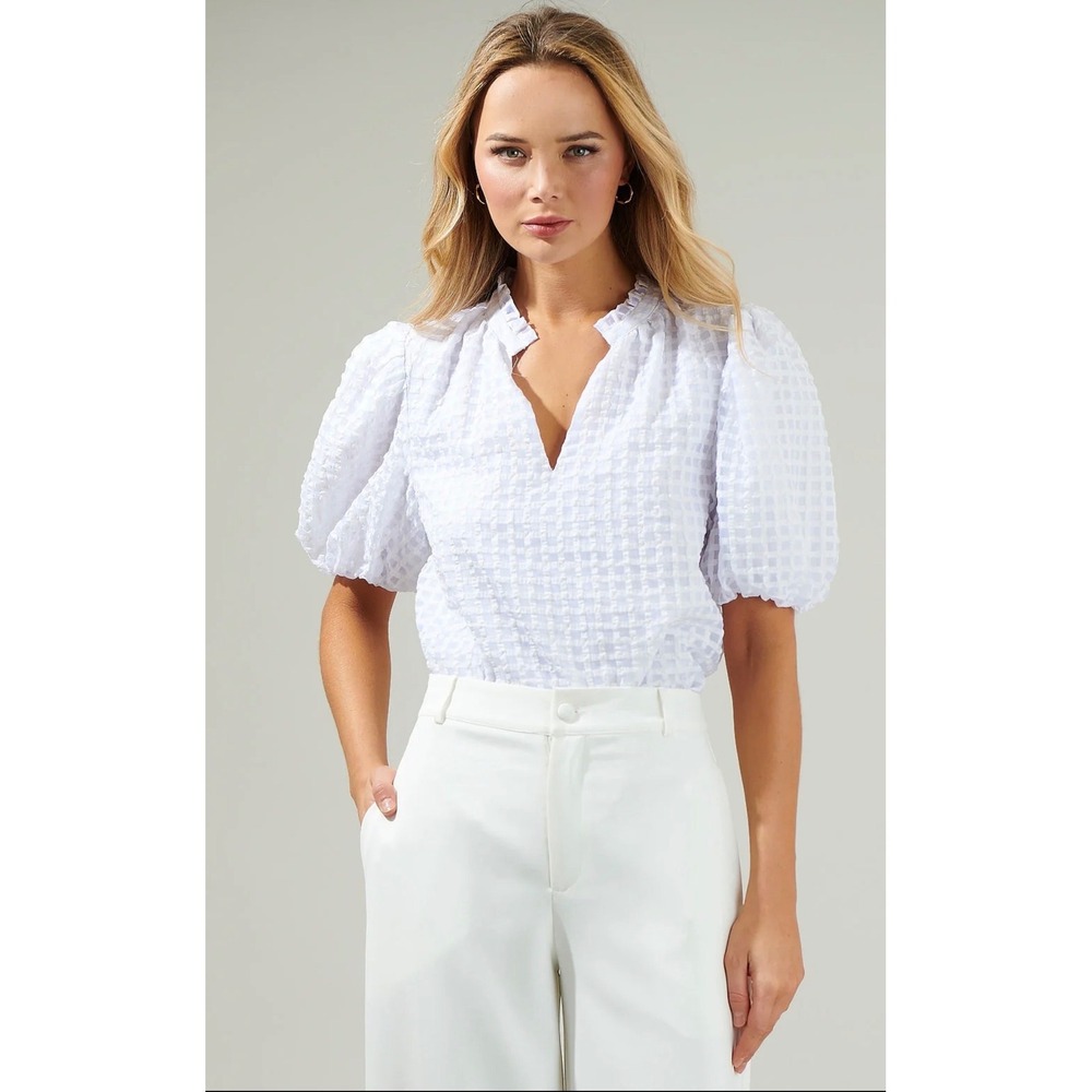 Sugarlips Blouse Gingham Puff Sleeve Womens 1X White Seersucker Cottagecore